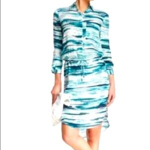 Haute Hippie Tie Dye Silk Blouse Dress Sz XS Green Blue White Tab Sleeve Tunic